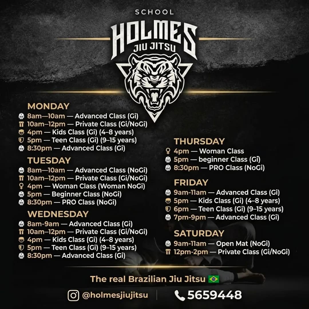 Wekelijks lesrooster van Holmes Jiu Jitsu